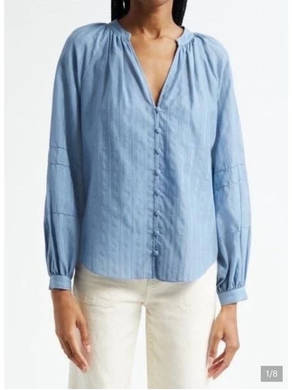Veronica Beard Dusty Blue Textured Button-Front Blouse